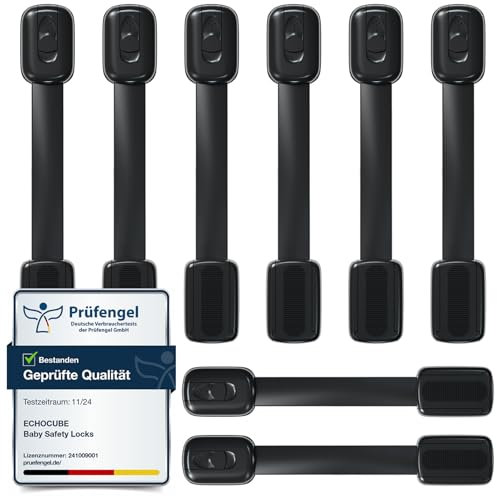 ECHOCUBE 8 Stück Kindersicherung für Schrank, Verstellbare Baby Schubladensicherungen mit 3M Kleber, Baby Sicherheitsschlösser für Schränke, Schubladen, Kühlschrank - ohne Bohren (Schwarz)