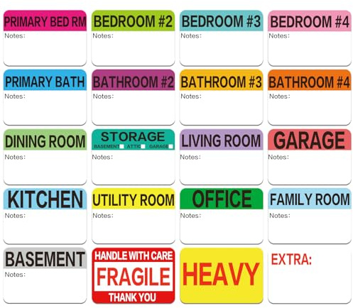 600 Count 3 x 2 Large Home Moving Packing Box Labels for 3-4 Bedroom House with Writable Notes Areas, 17 Color Coded Moving Labels for Boxes + Fragile Moving Stickers + Heavy and Blank Labels