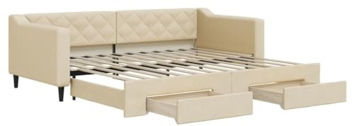 vidaXL Tagesbett, Sofabett Ausziehbar mit Schubladen, Gästebett Schlafsofa für Schlafzimmer Wohnzimmer, Sofa Ausziehbett, Creme 90x200cm Stoff