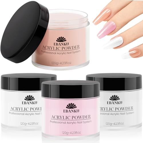 EBANKU Lot de 4 Poudres Acryliques 480 g, 4 Couleurs Professionnelles pour Extension et Sculpture des Ongles Sans Lampe