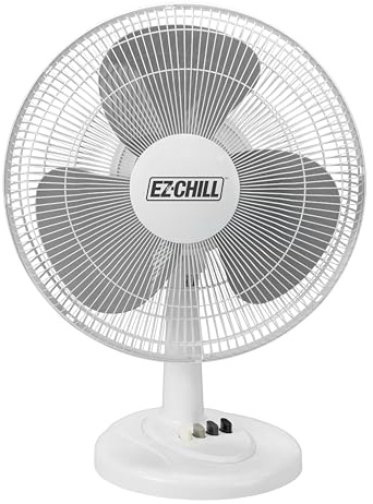 EZ-CHILL 16” Oscillating Table Fan with Adjustable Tilt, Convenient Push Button Controls, Quiet, 3 Speed, Desk Fan, Airflow 15.75 ft/sec, Ideal for Home, Bedroom, Dorm & Office, MTFD-16