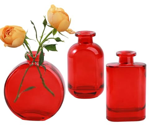 Liemuao Set mit 3 kleinen Glasvasen, Tischvasen, dekorative Vase, 3 verschiedene Größen, hydroponische Vase in Flaschenform, Glasflaschen für Hochzeiten, Geburtstage, Partys (rot)