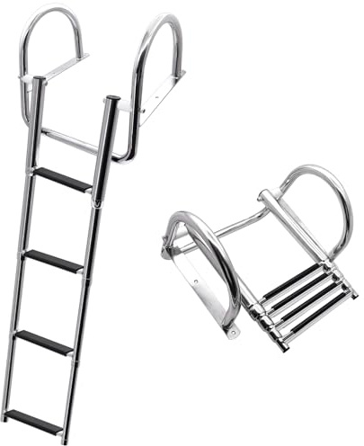 KAOLALI Boat Ladder 4 Steps Pool Ladder Stainless Steel Swimming Ladder Boat Foldable Telescopic with Large Handrails and Wide Rung Load Capacity 227 kg for Swimming Pool Deck Boat
