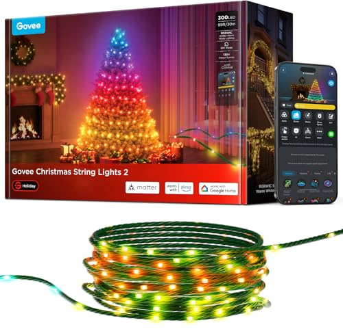 Govee Smart Christmas String Lights 30m, 300 RGBWIC LEDs Holiday Fairy Lights for Indoor & Outdoor, Shape Mapping, AIGC, App Control with 130+ Dynamic Scene Modes, Compatible with Matter, Green Cable