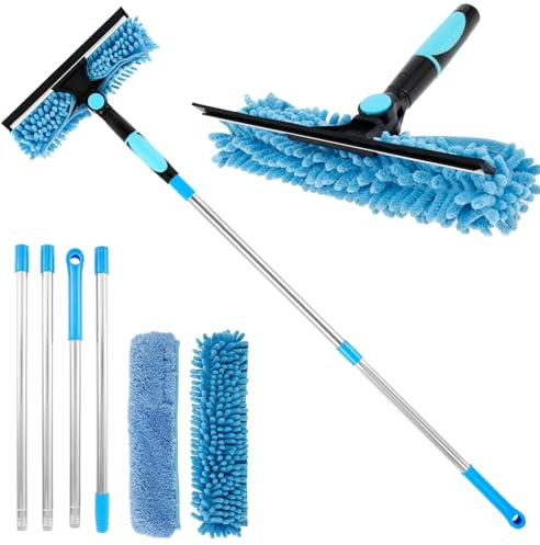 Professional Window Cleaner Tool, 2 In 1 Window Squeegee Cleaner Kit with Microfiber Cloth 75 Inch Adjustable Windows Cleaning Equipment Washing Kit for Car Shower Glass Mirror(Blue)