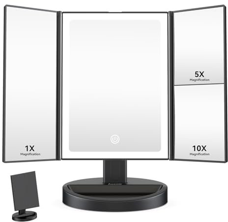 Auxmir Schminkspiegel mit Beleuchtung, 10X/5X/1X Kosmetikspiegel Vergrößerungsspiegel mit Licht & 3 Lichtfarben, Faltbar Spiegel mit Beleuchtung und Dimmbar LED Licht, USB Wiederaufladbar, Schwarz