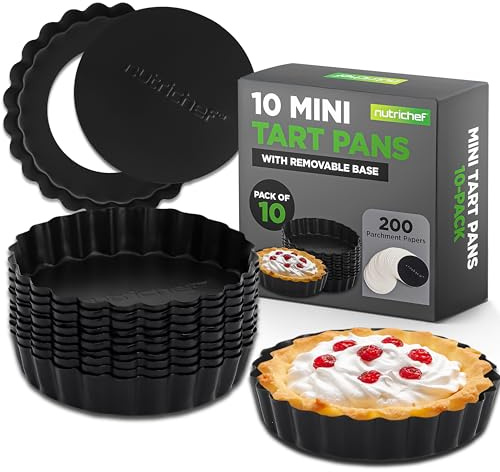 Nutrichef Tarteform Set – 10 Mini Tartelette Förmchen Ø10 cm mit Hebeboden aus Carbonstahl Antihaft Backform Rund, Inkl. 200 Backpapier Rund, Quicheform Spülmaschinen und Ofenfest