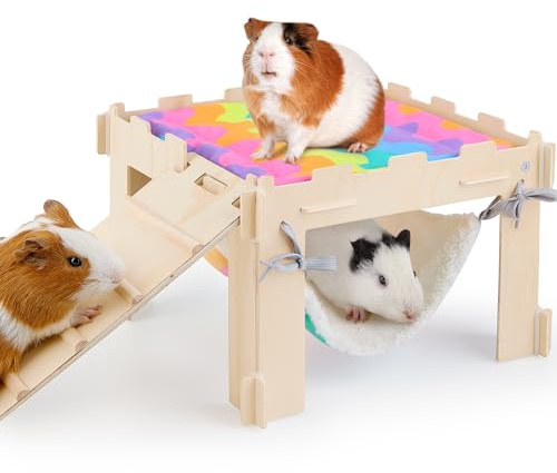BeBeJoJo Mehrstöckiges Meerschweinchenschloss aus Holz mit Hängematte und Rampe, Hamster Haus für Kleintiere und Käfigzubehör