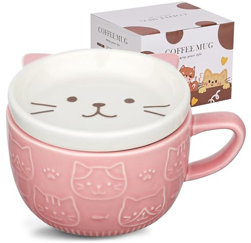 Beyinli Linda Taza Gato de Cerámica con Tapa Café Té Regalos Tazas-Rosa