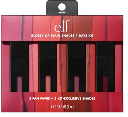 e.l.f. Glossy Lip Stain Shades 4 Days Kit, Long-Lasting Lip Stains For A Sheer Pop Of Color & Subtle Gloss Finish, Vegan & Cruelty-Free, 4 Shades
