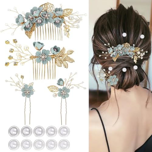 4 horquillas elegantes para el pelo de novia, accesorios para el pelo de dama de honor, 10 horquillas con perlas en espiral para novias, damas de honor, mujeres y niñas (Verde)