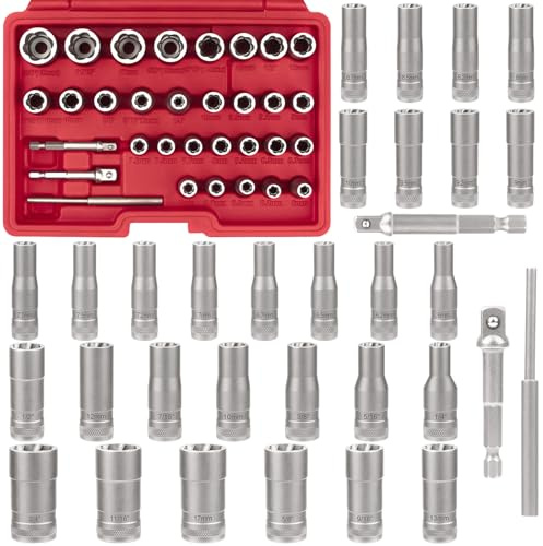 32Pcs Bolt Extractor Kit, 33mm elevated design, with 3/8, 1/4 Inch Adapter, Ez Out Deep Broken Lug Nut Removal Socket Set, Easy-Out Spark Plug Remover Tool, for Stripped Rusted Bolts, Stud, Nuts Screw