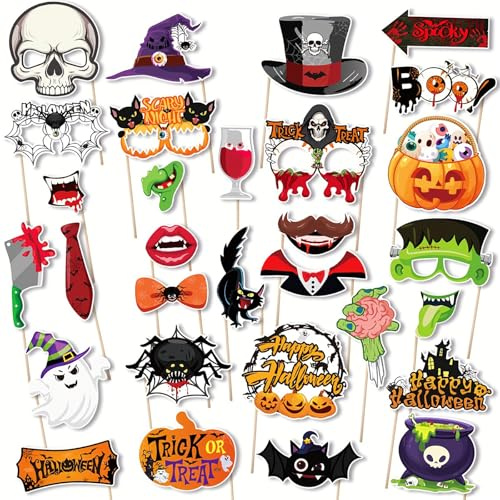 Bikasun 30 Pieces Halloween Photo Booth Props, Funny Halloween Photo Booth Prop, Skull Spider Ghost Bat Pumpkin Eyeglasses, DIY Accessories for Kids Family Party Decoration