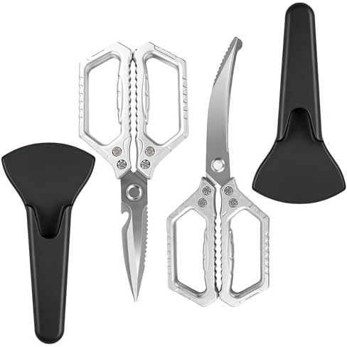 2-Pack Silver Kitchen Scissors, Sharp Stainless Steel Blades with Safety Cover, Heavy Duty Kitchen Shears for Chicken Meat Vegetables, BBQ & Cooking