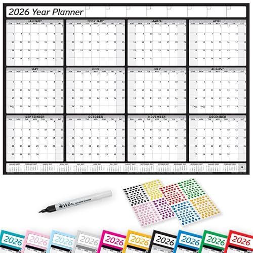 PlannerHead 2026 Laminated Wall Planner Calendar Chart Poster/Yearly Calendar 2026 / Grid Style 12 Months with Pen & 400 Stickers / 2027 Footnote Included/Black/Extra Large (68x100cm)