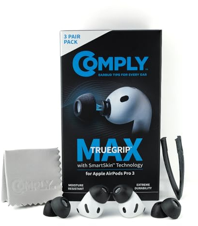Comply TrueGrip MAX | Premium minnesskum ersättningsöronproppar för Apple AirPods Pro (3 generationen) | SmartSkin™-teknik | utmärkt bulleriisolering | svart, storlek L, 3 par