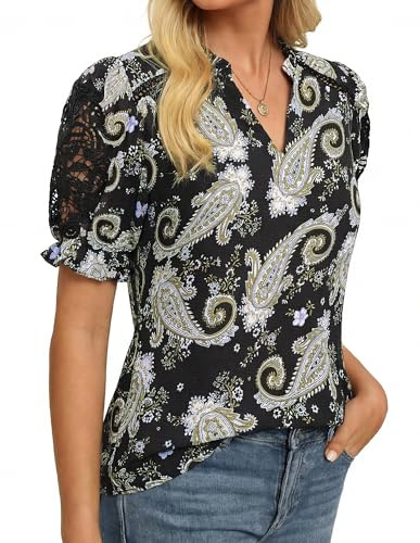 GRACE KARIN Camicia da Donna Boho Estiva a Maniche Corte con Fiori, Elegante, Casual, con Scollo a V, per il Tempo Libero, Nero , L