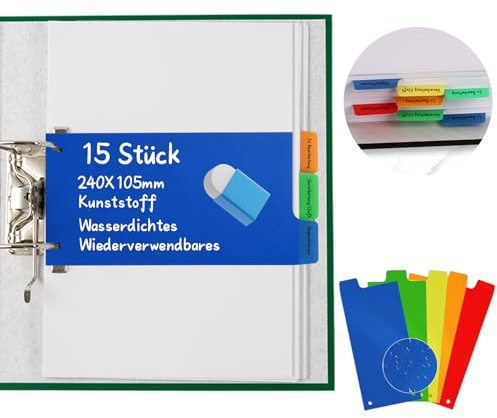 15 Stück Register-Taben Kunststoff 5 Sets à 3-teilig in 5 Farben Trennstreifen für Ordner Ringbücher 240x105mm Trennblätter Plastik A4 Bunt Mit Lochung Beschreibbar Wasserfest Farbige Sortierhilfe