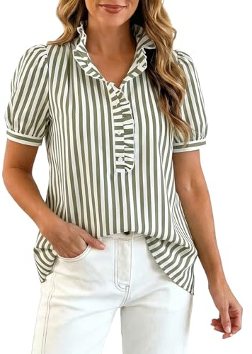 Blusa de manga corta para mujer, cuello con volantes, camiseta de verano con mangas abullonadas, túnica a rayas, elegante, para primavera, verano, holgada, tallas grandes, blusa tradicional de verano