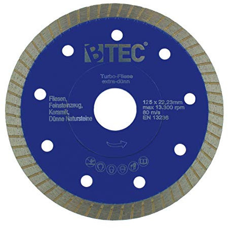 BTEC Diamanttrennscheibe Fliesentrennscheibe Turbo Fliese 125x22,23mm extradünn 1,2mm für Keramik Naturstein Steinzeug Feinsteinzeug Klinker und vieles mehr, Schnell und sauber