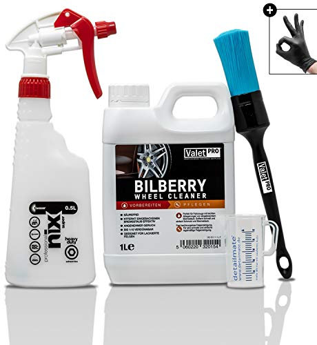 detailmate Fälgrengöringsset: ValetPRO Bilberry Wheel Cleaner 1 L – fälgrengöringsmedel koncentrat Kwazar sprayflaska ValetPRO kemiskt resistent fälgborste 50 ml mätkopp 2 x skyddshandske