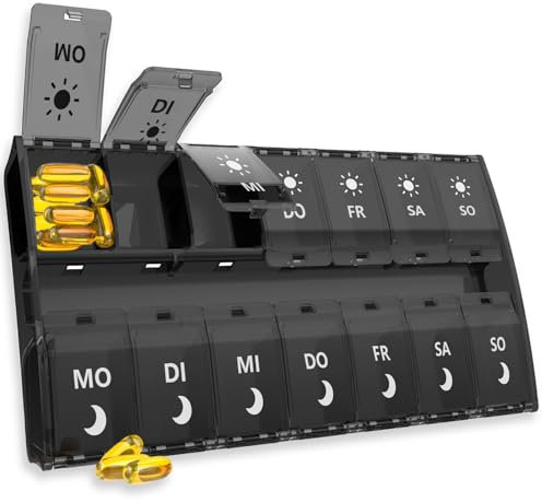 Tablettenbox 7 Tage Große Fächer, Pillendose 14 Tage 2 Fächer, Morgens Abends Medikamentenbox 14 Fächer mit Scharnierdeckel-Design, Tabletten Organizer für Fischöl, Nahrungsergänzungsmittel