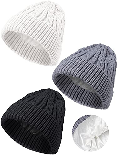 3 Pieces Kids Satin Lined Knit Beanies Winter Hat Child Warm Ski Skull Caps for Girls Boys Baby Toddlers 3-12 Years (Black, White, Gray,Simple Style)