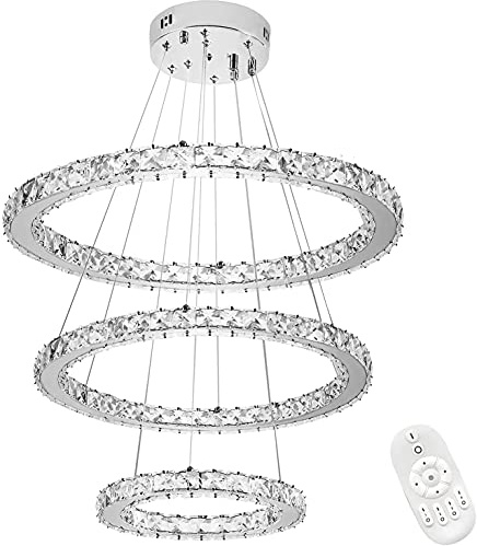 UISEBRT 96W Lampada a Sospensione Moderna Cristallo - Lampadario Creativo Regolabile in Altezza Lampada da Soffitto Tre anelli Cucina Salotto Camera da letto, Dimmerabile