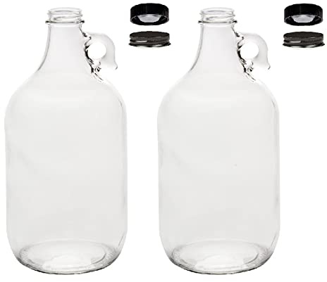 North Mountain Supply 1/2 Gallon Clear Glass Fermenting Jug with Handle – Set of 2 – Includes Black Polyseal Lids and Black Metal Lids – 64 Ounces – 38mm CT Finish
