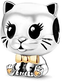 FGT Cat Kitten Charm Compatible with Pandora Moments Bracelets Gold Bowtie Kitty Mum Daughter Granddaughter Auntie Anniversary Birthday