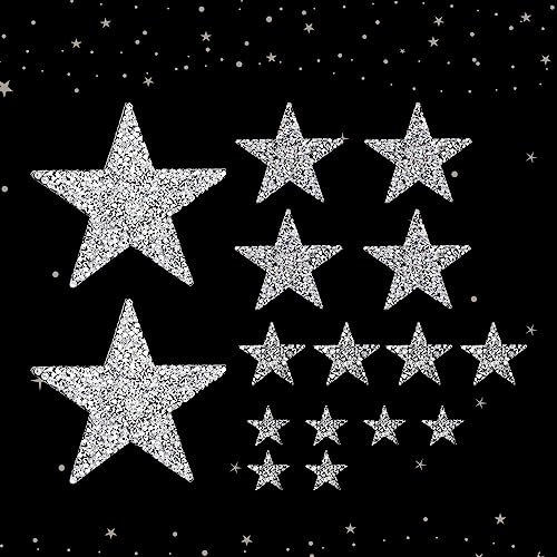 Teaaha 16 Stück Stern Aufbügelbilder Aufkleber, Silber Sterne Aufbügeln Strass Sterne Zum Aufbügeln, Stern Aufnäher Bügelbilder, Stern Patches Zum Aufbügeln Für Kleidung T-Shirt DIY Rucksack Hut Jeans