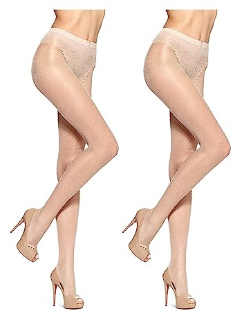 HUE Women's Toeless Sheer Tights with Lace Control Top, Natural - 2 Pair Pack, 1