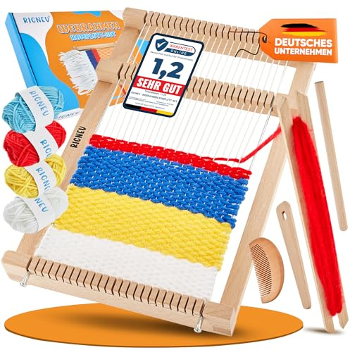 RICNEV® Cadre à tisser pour enfants à partir de 6 ans | Kit complet de métier à tisser en bois de qualité supérieure avec 4 couleurs de laine, fil de chaîne et accessoires, largeur de tissage 15 cm |