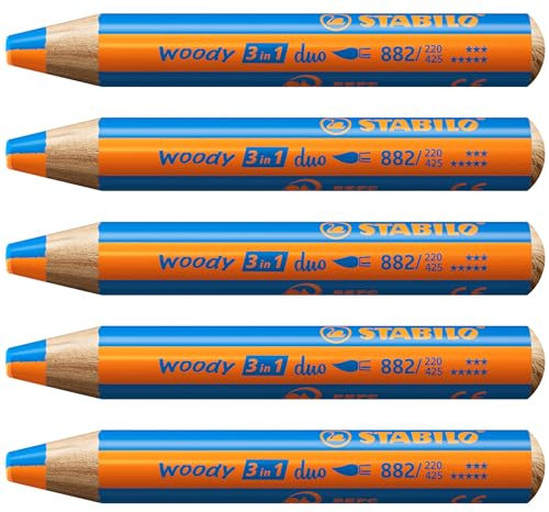 STABILO - Duo Buntstift, Wasserfarbe & Wachsmalkreide - woody 3 in 1 duo - zweifarbige Mine - 5er Pack - orange/mittelblau