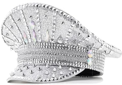 BLESSUME Chapeau de festival de musique à paillettes pour adultes - Chapeau de capitaine militaire steampunk, Argent 6., M