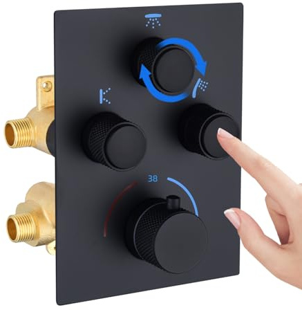 Thermostatic Concealed Shower Mixer Valve - 3 Way Brass Diverter with Push Button, Adjustable Flow & Temperature, 3 Outlets Can Simultaneous Operation (Matte Black)