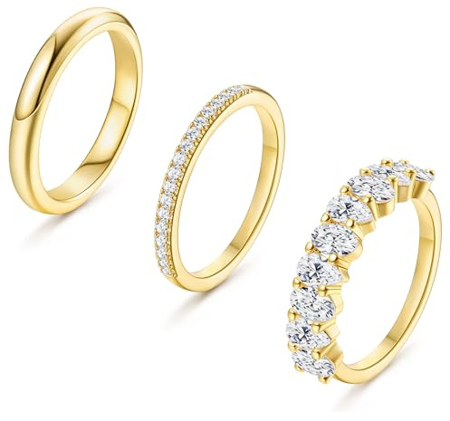 Dochais Set di 3 Anelli d'Oro da Donna, Anelli Impilabili, Placcati Oro 14K, Anello per Pollice da Donna, Anello Sottile per Dita, Fascia Semplice, Anelli di Fidanzamento，Itlian misura 14.5-21.5