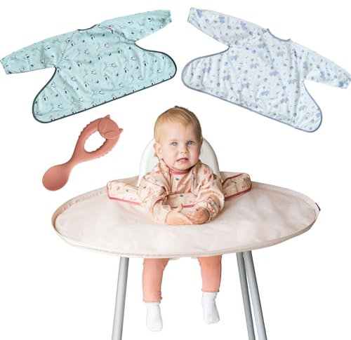 Tidy Tot Combo Babero Destete y Kit de Bandeja- Bandeja 3 baberos/capa con mangas. Plato Bebe con Ventosa, Cuchara de destete de silicona con mango de fácil agarre