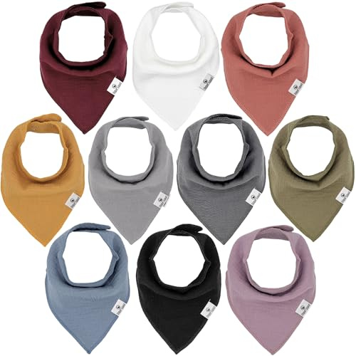Diaper Squad 10-Pack Muslin Baby Bandana Drool Bibs | Super Absorbent & Adjustable | Triangle Bandana Bibs Style | Organic 100% Soft Cotton | Earthy Colors