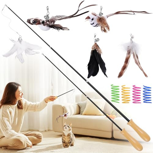 HezzLuv 15 STK in Set, 2 Einziehbarer Katzenangel lang, Interaktives Katzenspielzeug für Katzen mit 3 Katzenfederspielzeug und 2 Vogel, Katzen Spielzeug für Kitten, Ideal für Bewegung und Bindung