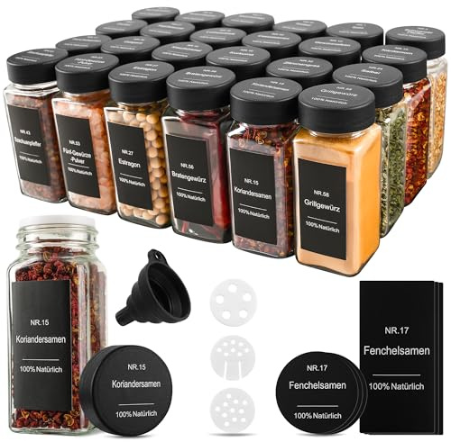 Gewürzgläser Eckig Set 24er - Gewürzdosen Glas 120ml mit Etiketten & Streueinsatz - Gewürzbehälter für Küche Spice Jars Gewürz Organizer mit Deckel