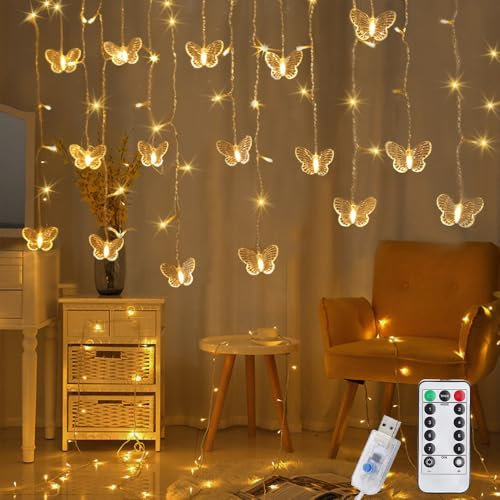 HuaMuDM Rideau lumineux d'intérieur - Motif papillon - 3,8 m - 16 LED - Décoration de printemps - Rideau lumineux d'intérieur - Guirlande lumineuse USB - 8 modes - Avec télécommande et minuterie
