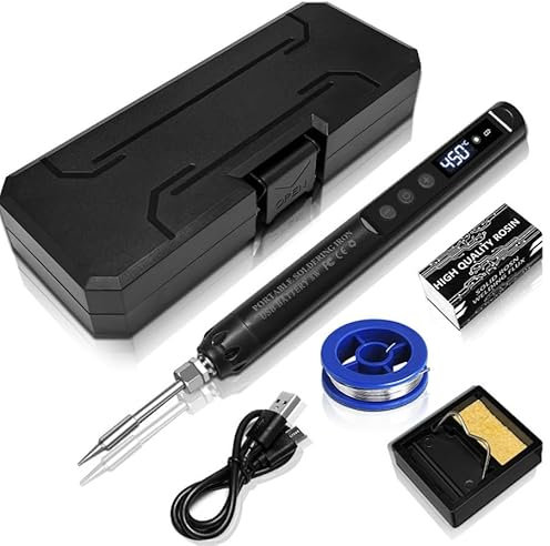 ELIOFANEIA Soldador de estaño,soldador inalámbrico con apagado automático,pantalla LCD,temperatura ajustable 200°C-450°C,3 puntas de soldador,alambre de soldadura,pasta de soldadura,Soldador estaño