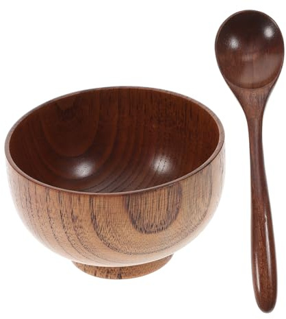 Ipetboom 2 Piezas Cuenco y Cuchara de Madera de Ácido Jujuba Cuenco para Arroz y Ensaladas Resistente Ligero y Ecológico para Hogar y Restaurante