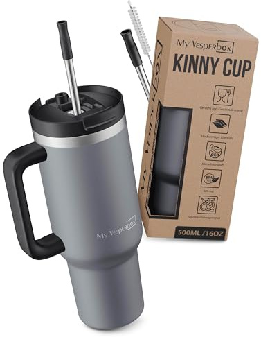 My Vesperbox® Trinkflasche mit Strohhalm KINNY CUP 500 ml - Trinkbecher Deckel - Thermobecher - Trink Becher - Tumbler Cup - Thermosflasche - BPA-frei, Auslaufsicher & Spülmaschinenfest (Grau)