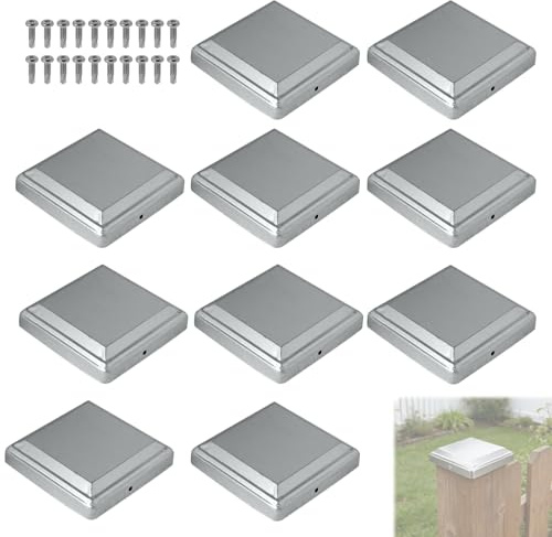 MIGUBIGU 10 PCS Tappi per Pali in Legno 100 mm x 100 mm con Viti, Copertura per Pali in Metallo Quadro, Cappuccio per Palo, Copripalo a Forma di Piramide, Antivento e Impermeabile