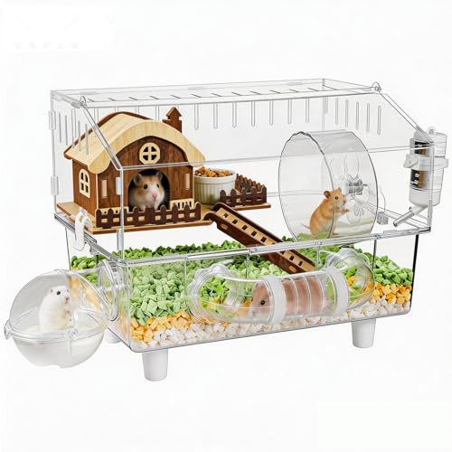 Acrylic Hamster Cage with All Accessories 2-Layer House with Full Transparent Viewing,Top Open Mouse Cage for Pet Mice,Large Habitat for Dwarf Hamster,Gerbils; 17x11x13.4