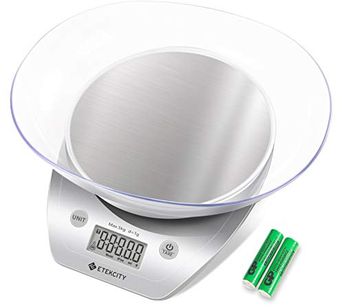 Etekcity Food Kitchen Scale Bowl, Digital Ounces and Grams for Cooking, Baking, Meal Prep, Dieting, and Weight Loss, 11lb/5kg, Silver