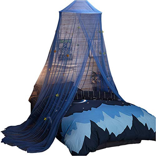 SHIKUN Blaue Baldachin-runde Kuppel Moskitonetz mit Sternen Kinder Moskitonetz Nordic Minimalist Style Kinderzelt Bett Vorhang für Jungen, Mädchen, Kinderbett
