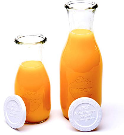 Weck Juice Jar Combo Pack - (1) 766 1-Liter jar (1) 764 1/2-Liter jar with Glass Lids, Rubber Rings and Steel Clamps & Keep Fresh Lids